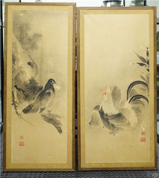 Hawk on Branch & A Rooster And Chicken - Kano Sansetsu