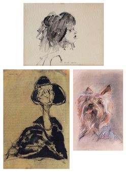 PORTRAIT OF YOUNG GIRL; WOMAN IN HAT AND GLASSES; PORTRAIT OF A DOG