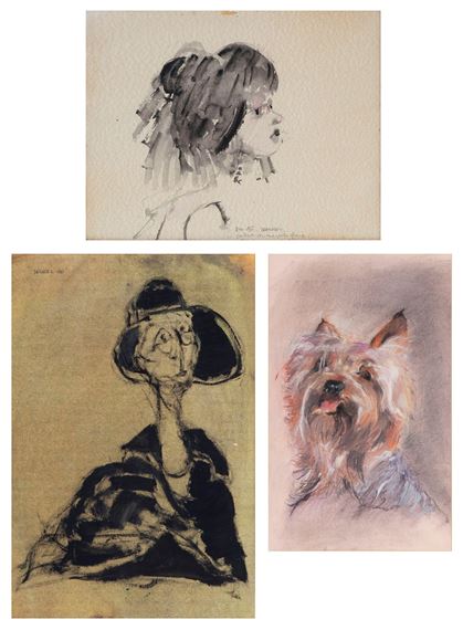 PORTRAIT OF YOUNG GIRL; WOMAN IN HAT AND GLASSES; PORTRAIT OF A DOG