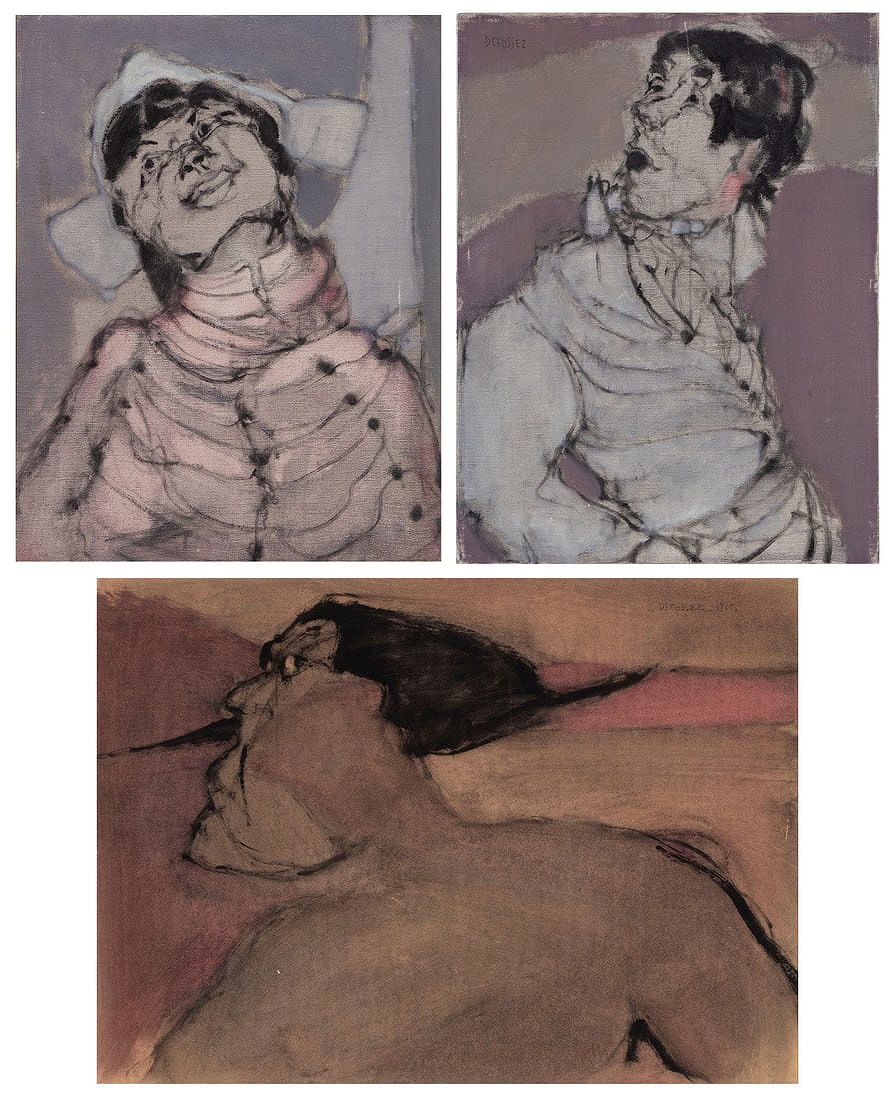 Artwork by Alfred Defossez, WOMAN WITH WHITE HAT; WOMAN WITH WHITE SHAWL; PORTRAIT OF A MAN WITH MOUSTACHE, Made of oil painting on canvas;  watercolor on card;