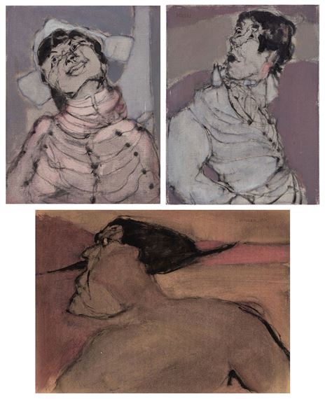 WOMAN WITH WHITE HAT; WOMAN WITH WHITE SHAWL; PORTRAIT OF A MAN WITH MOUSTACHE by Alfred Defossez, 1965