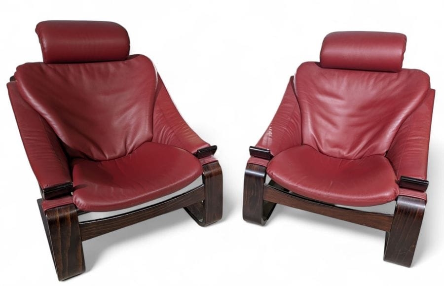 Artwork by Ake Fribyter, Kroken model, Made of Thermoformed Wood Frame With Rosewood Veneer, Red Leather Upholstery