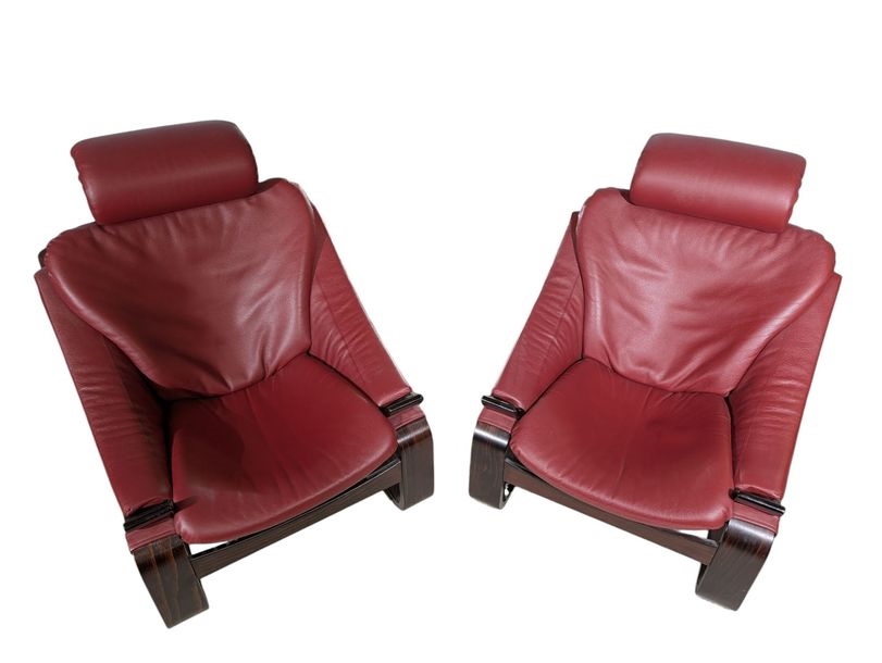 Artwork by Ake Fribyter, Kroken model, Made of Thermoformed Wood Frame With Rosewood Veneer, Red Leather Upholstery