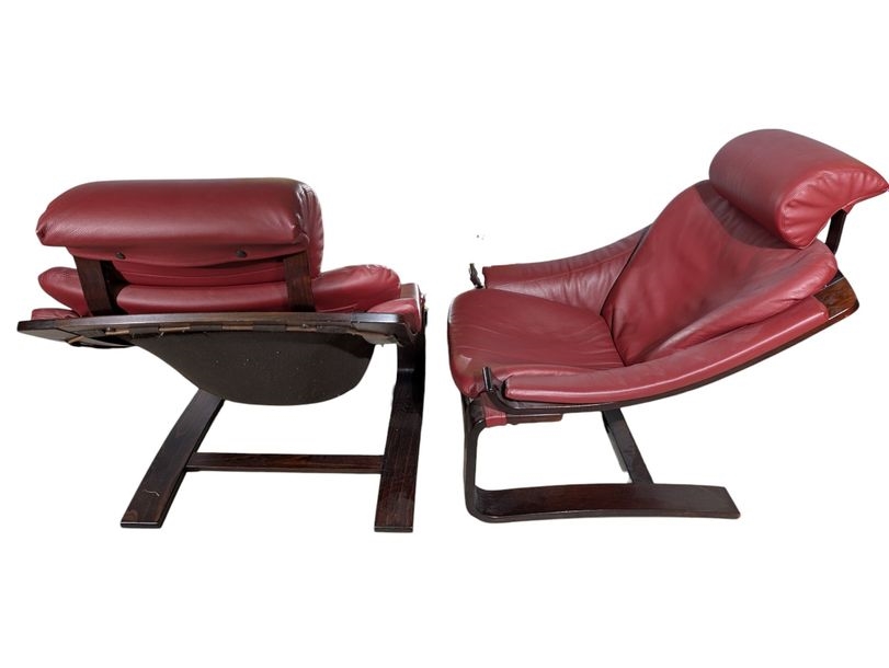 Artwork by Ake Fribyter, Kroken model, Made of Thermoformed Wood Frame With Rosewood Veneer, Red Leather Upholstery