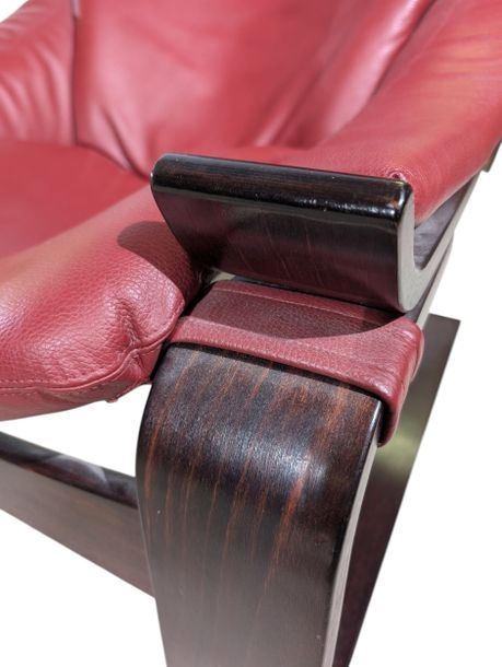 Artwork by Ake Fribyter, Kroken model, Made of Thermoformed Wood Frame With Rosewood Veneer, Red Leather Upholstery