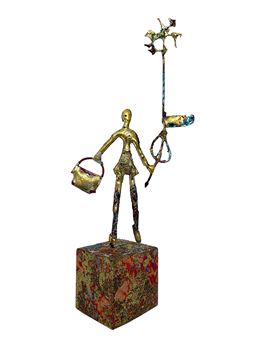 Sculpture en bronze, cuivre, laiton, bois doré et métal battu oxydé