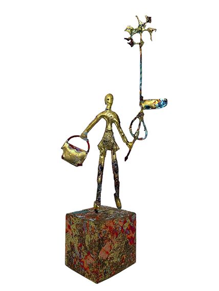 Sculpture en bronze, cuivre, laiton, bois doré et métal battu oxydé