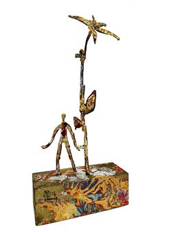 Sculpture en bronze, cuivre, laiton, bois doré et métal battu oxydé