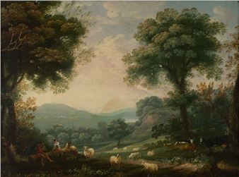 Pastoral scene with 2 figures and livestock