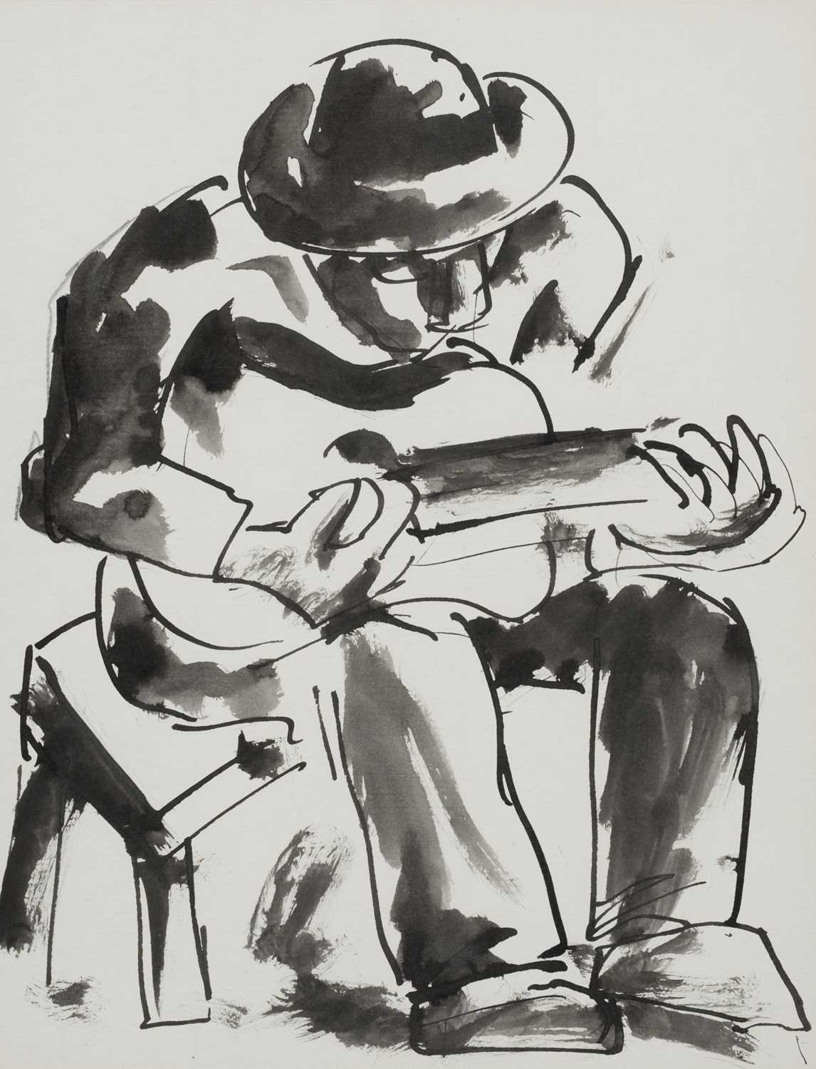Artwork by Josef Herman, Man with Guitar, Made of Pen, Ink And Wash
