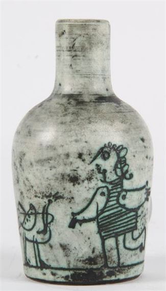 Small gray ceramic vase decorated with a woman and a bird - Jacques Blin