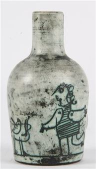 Small gray ceramic vase decorated with a woman and a bird
