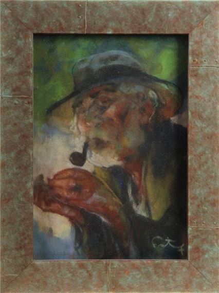 Louis Fortuney | Portrait of a man with a hat smoking a pipe | MutualArt