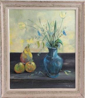 Still life with bouquet of yellow tulips, apples and pear - Tony Agostini