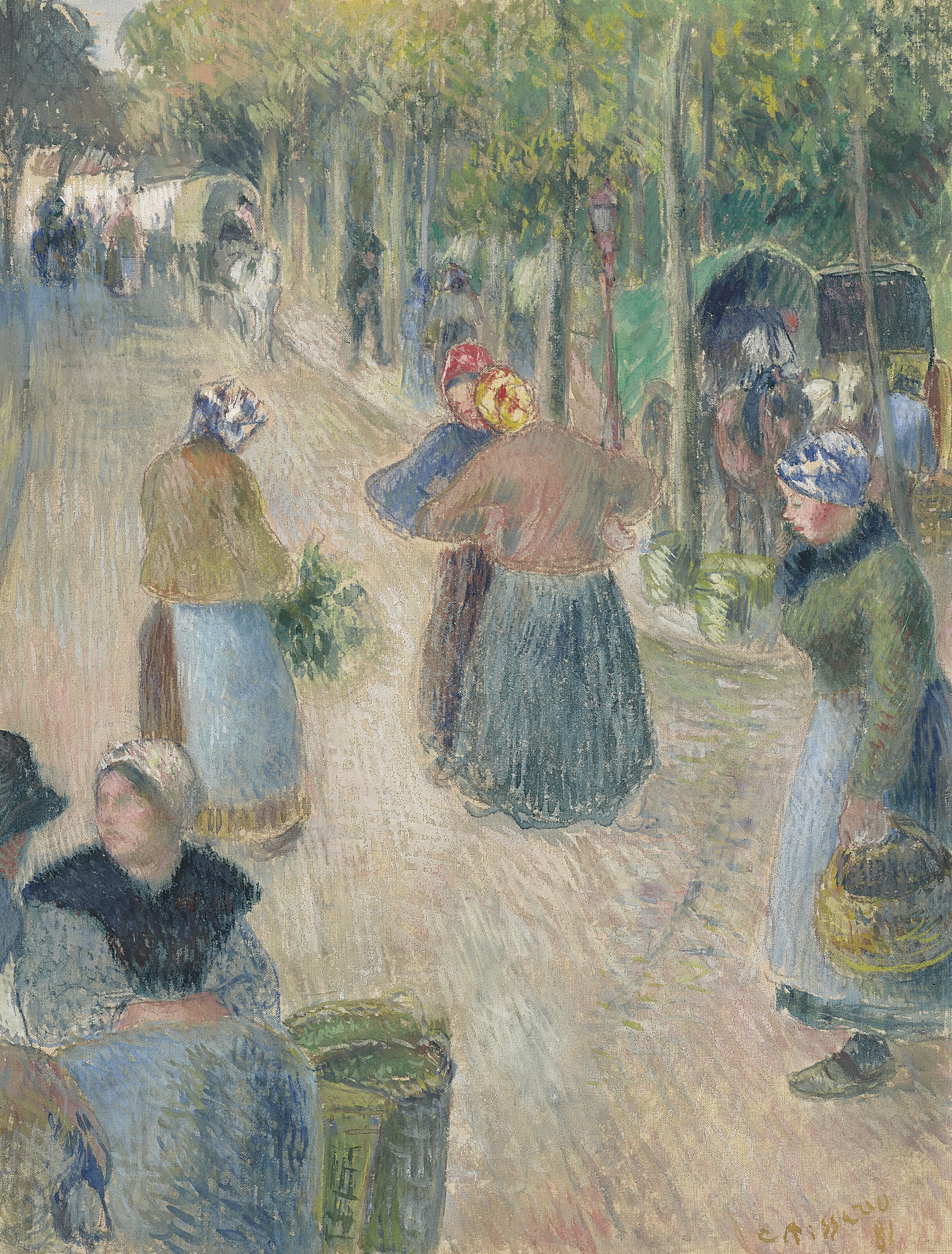 Artwork by Camille Pissarro, Marché à Pontoise, Boulevard des Fossés, Made of gouache on silk laid down on paper