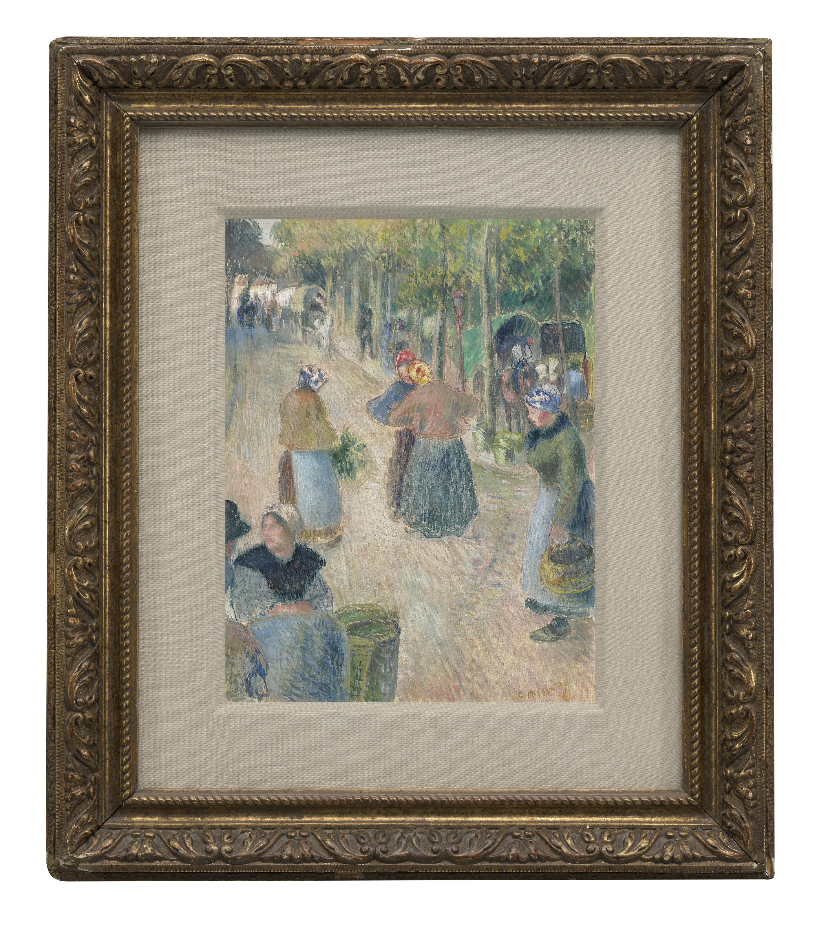 Artwork by Camille Pissarro, Marché à Pontoise, Boulevard des Fossés, Made of gouache on silk laid down on paper
