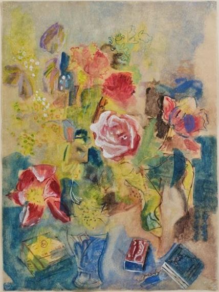 Still life with bouquet of flowers and books - Jean Dufy