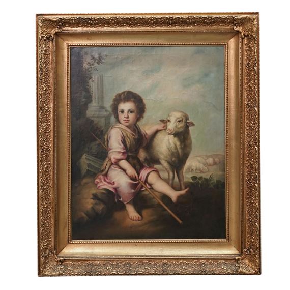 A painting of a little girl holding a sheep in a gold frame.
