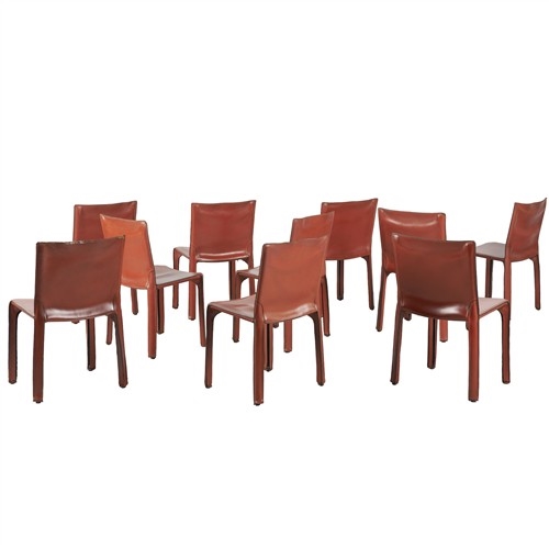 Artwork by Mario Bellini, TEN 'CAB 412' CHAIRS FOR CASSINA, Made of Cognac saddle leather over a steel and plastic frame