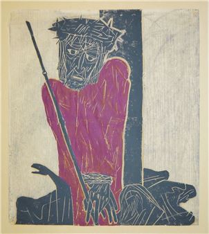 A woodcut print of a crowned figure in red holding a staff, with dark figures at the base.
