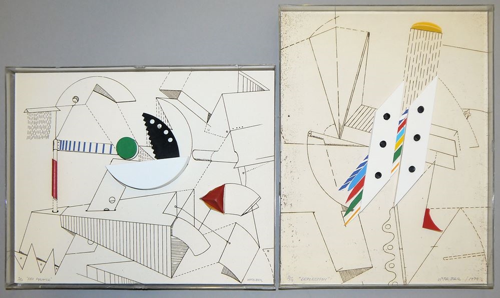 Artwork by Werner Pfeiffer, “Deflection” & “Red Pyramid”, Made of 2 Collagen - Multiples, Radierung / farbige 3- D Applikationen, Papier auf Holz