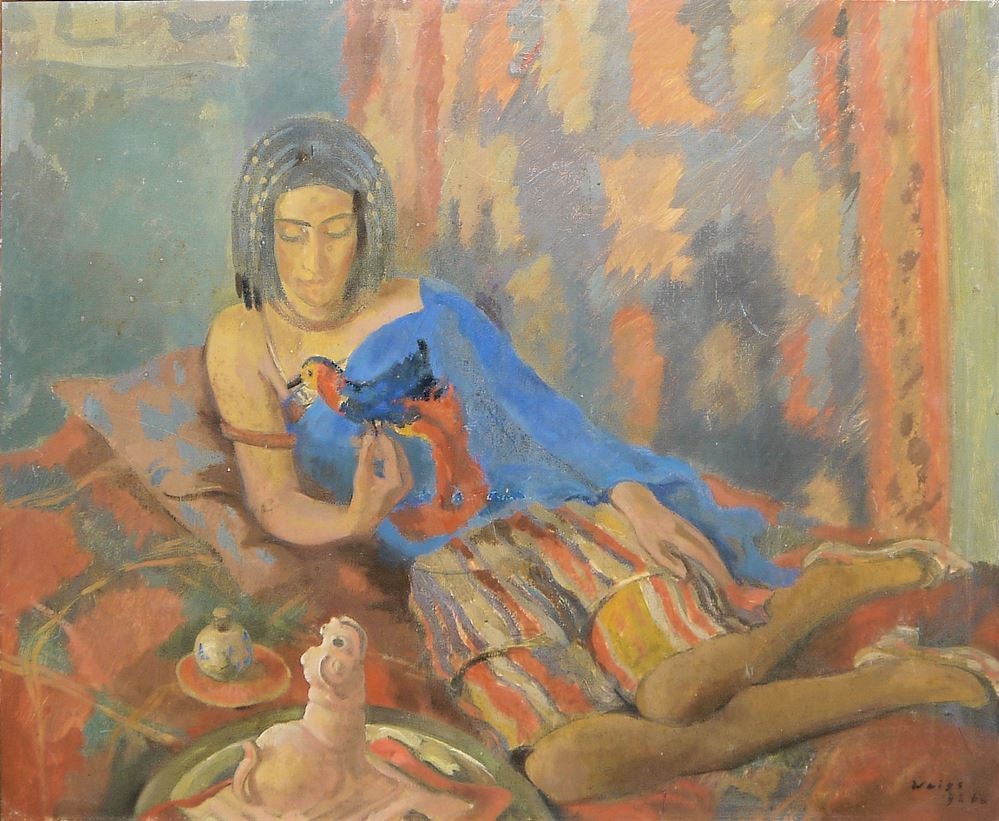 Emil Rudolf Weiss | Junge Frau mit einem Papagei auf einem Diwan ...