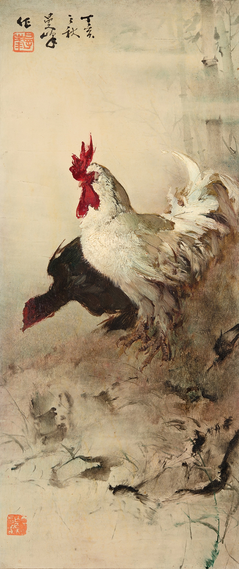 Artwork by Lee Man Fong, Rooster and Hen, Made of Oil On Board