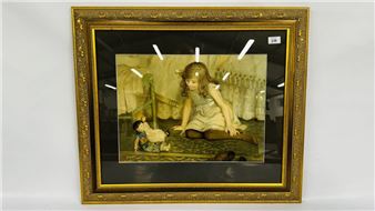 A framed painting of a young girl playing with a doll on a patterned rug.