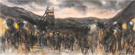 A somber watercolor scene of soldiers marching past an industrial mining structure under a cloudy sky.