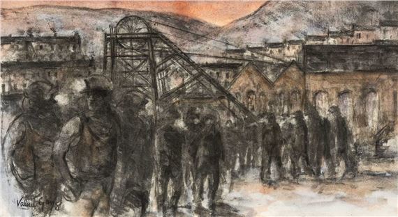A sketch of a group of figures walking past an industrial structure against a hazy, mountainous backdrop.
