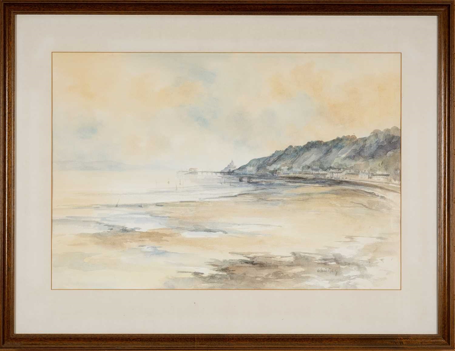 A serene watercolor seascape featuring a distant pier and a hazy coastline.