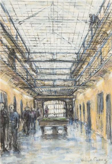 "A sketch of a long, industrial corridor with a pool table at the far end and several shadowy figures standing along the walls."