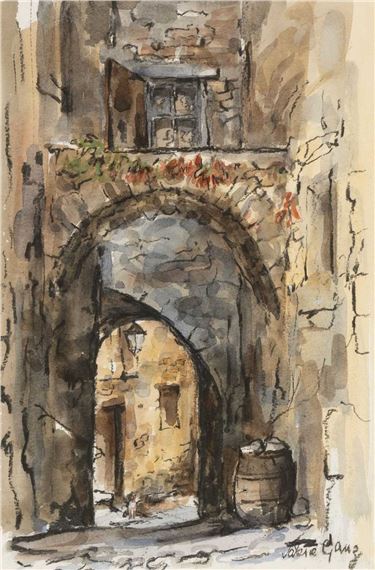 A watercolor sketch of a stone archway leading into a sunlit alley.