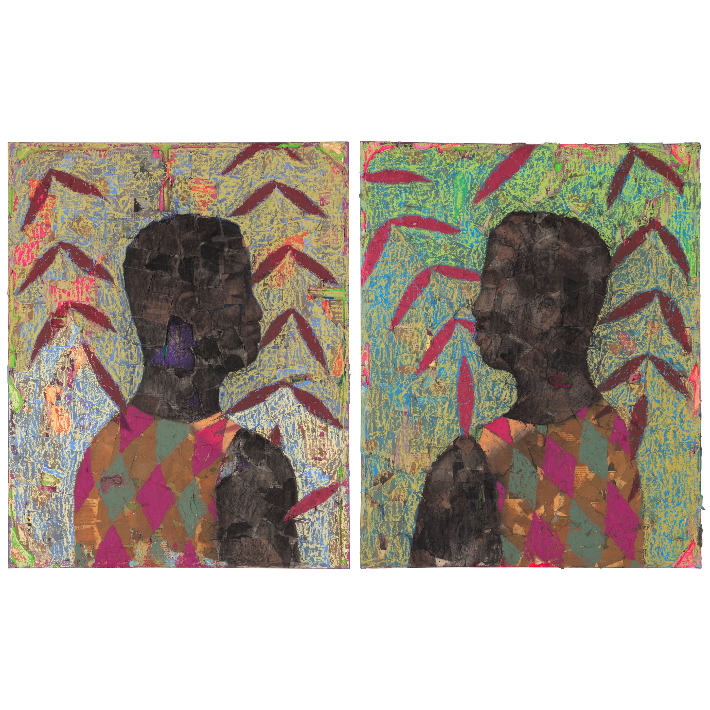 Artwork by Derek Fordjour, Couplet 20, Made of oil pastel, charcoal, acrylic, cardboard and newspaper collage mounted