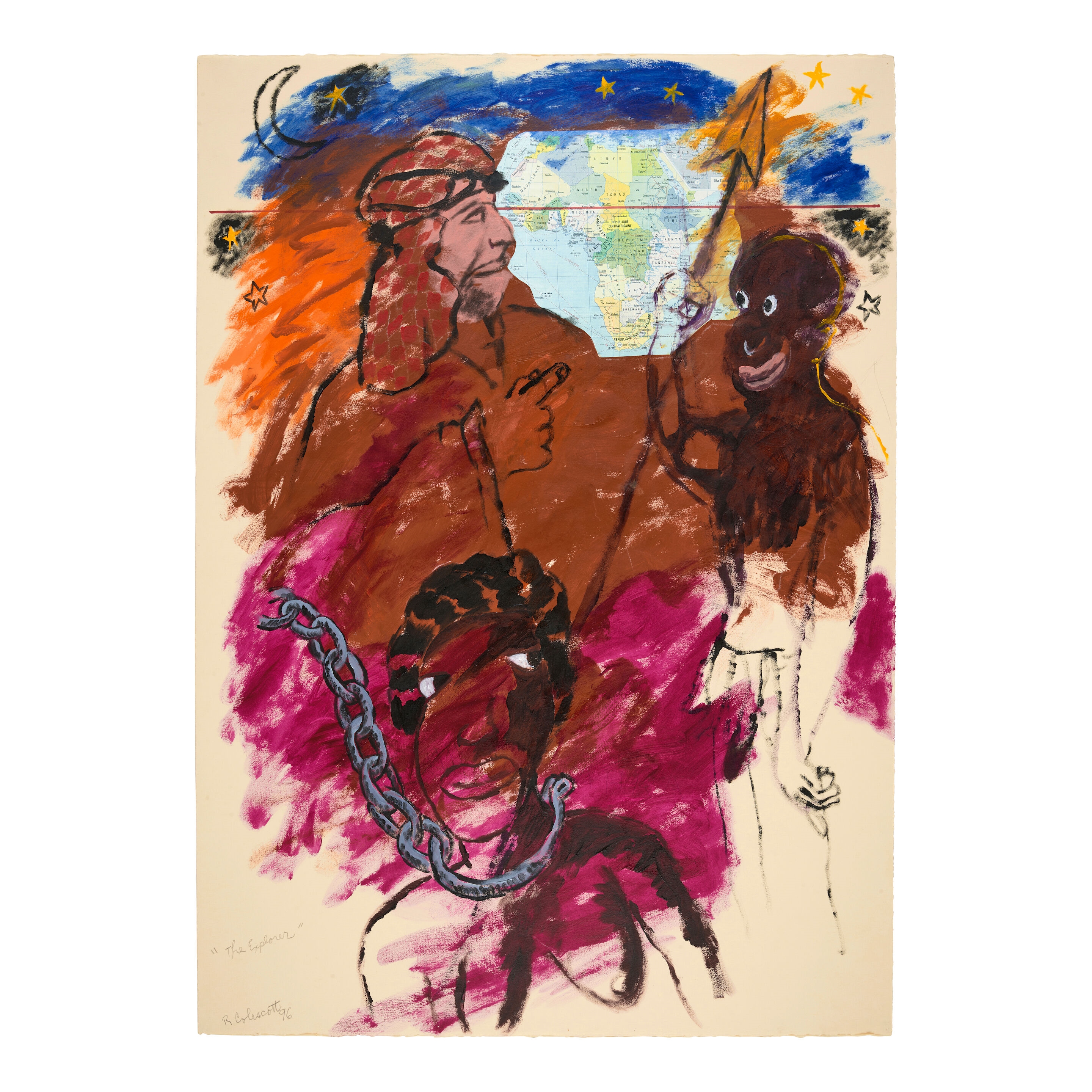 Artwork by Robert Colescott, The Explorer, Made of acrylic and paper collage on paper