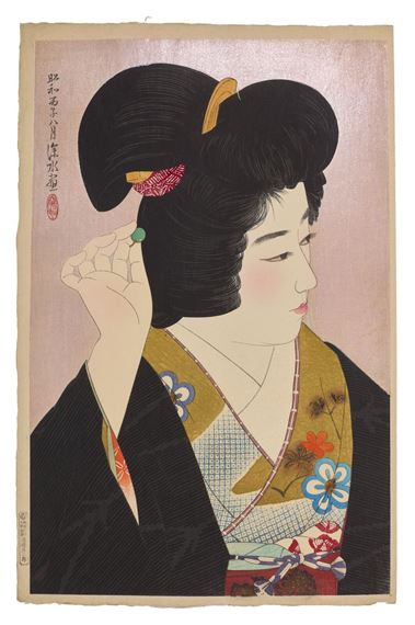 A profile portrait of a figure in traditional Japanese clothing with an elaborate hairstyle.