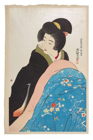 A serene woodblock print of a figure in traditional robes, blending soft skin tones with bold blues and blacks.