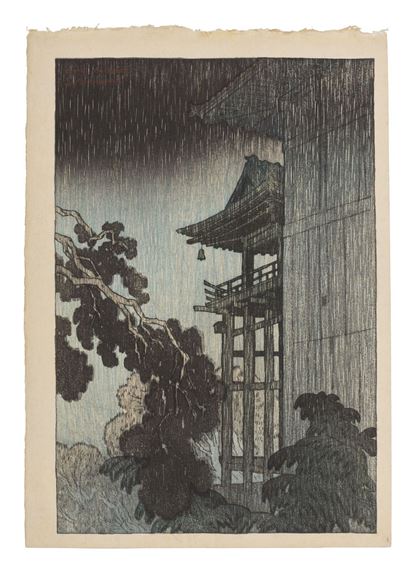 A woodblock print of a traditional pavilion under heavy rain.