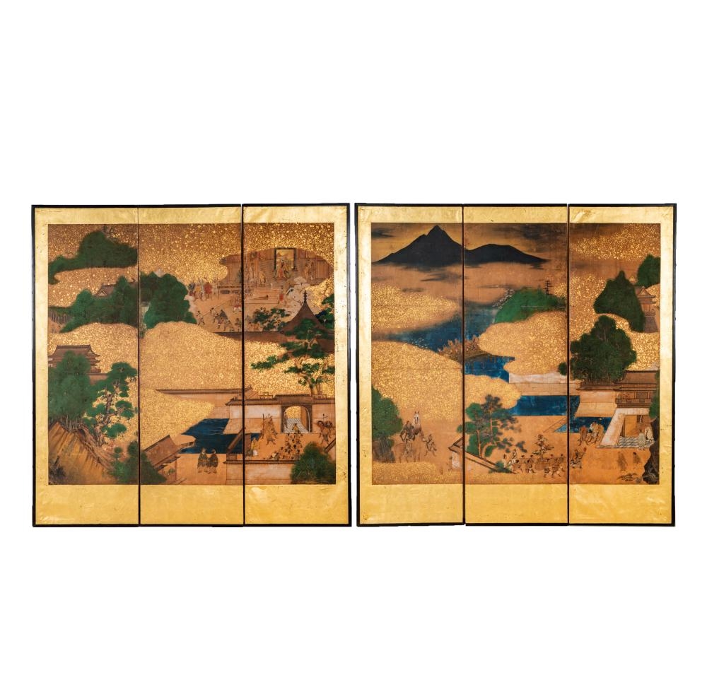 Artwork by Japanese School, Two Japanese Edo Period Three-Panel Screens, Made of Layered Gold Leaf, Ink, And Mineral Pigments