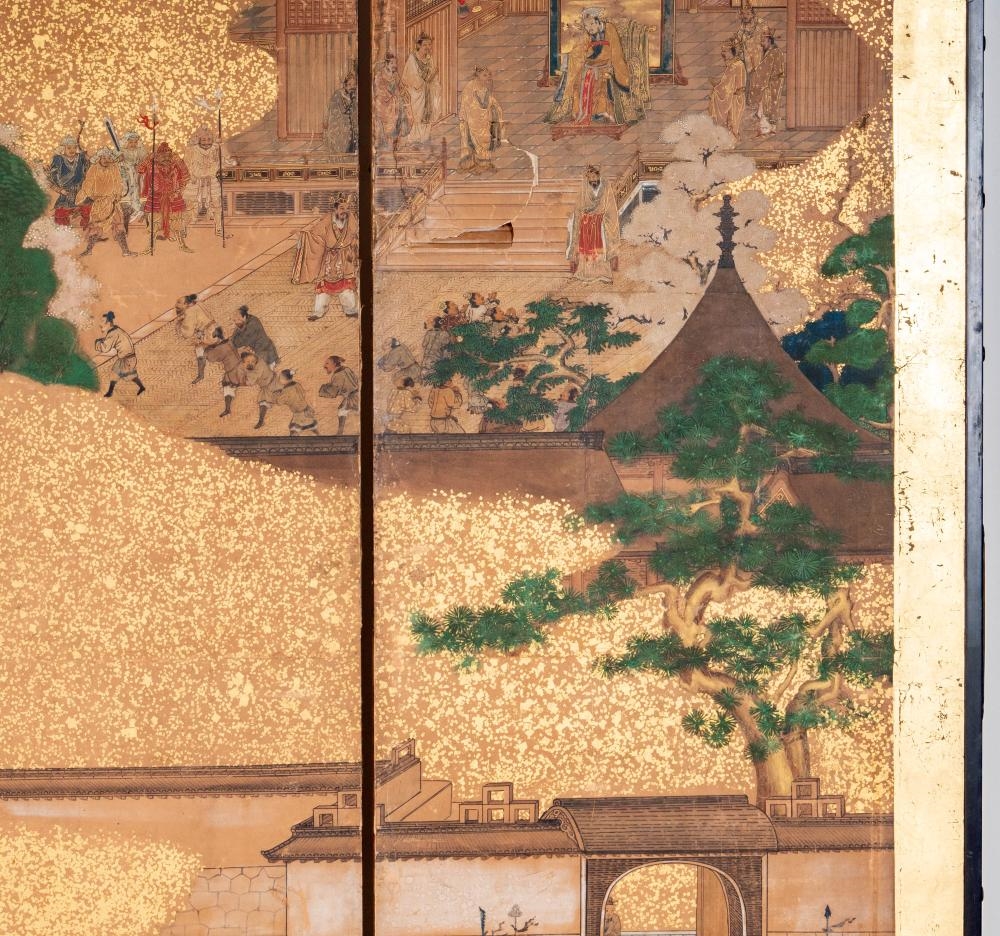 Artwork by Japanese School, Two Japanese Edo Period Three-Panel Screens, Made of Layered Gold Leaf, Ink, And Mineral Pigments