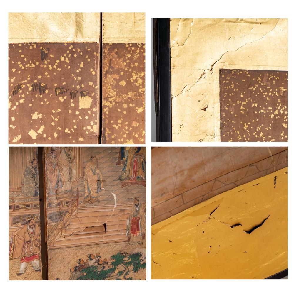 Artwork by Japanese School, Two Japanese Edo Period Three-Panel Screens, Made of Layered Gold Leaf, Ink, And Mineral Pigments