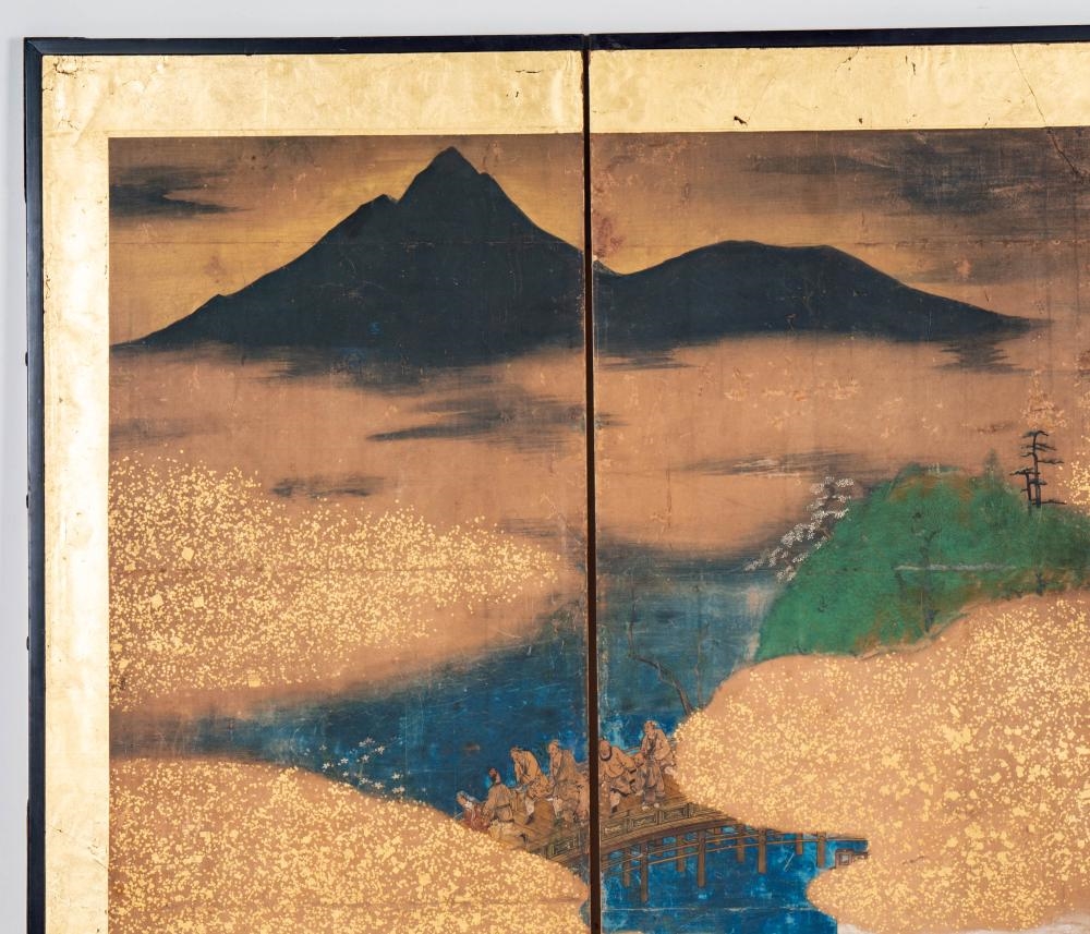 Artwork by Japanese School, Two Japanese Edo Period Three-Panel Screens, Made of Layered Gold Leaf, Ink, And Mineral Pigments