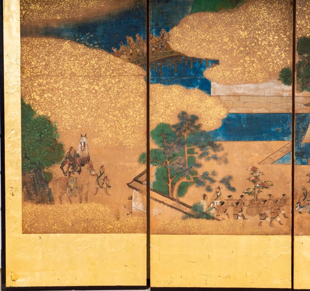 Artwork by Japanese School, Two Japanese Edo Period Three-Panel Screens, Made of Layered Gold Leaf, Ink, And Mineral Pigments
