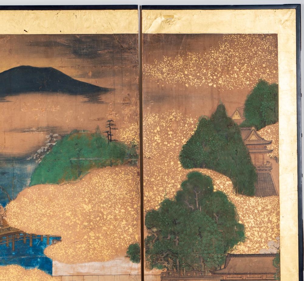 Artwork by Japanese School, Two Japanese Edo Period Three-Panel Screens, Made of Layered Gold Leaf, Ink, And Mineral Pigments