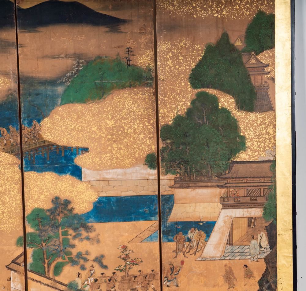 Artwork by Japanese School, Two Japanese Edo Period Three-Panel Screens, Made of Layered Gold Leaf, Ink, And Mineral Pigments