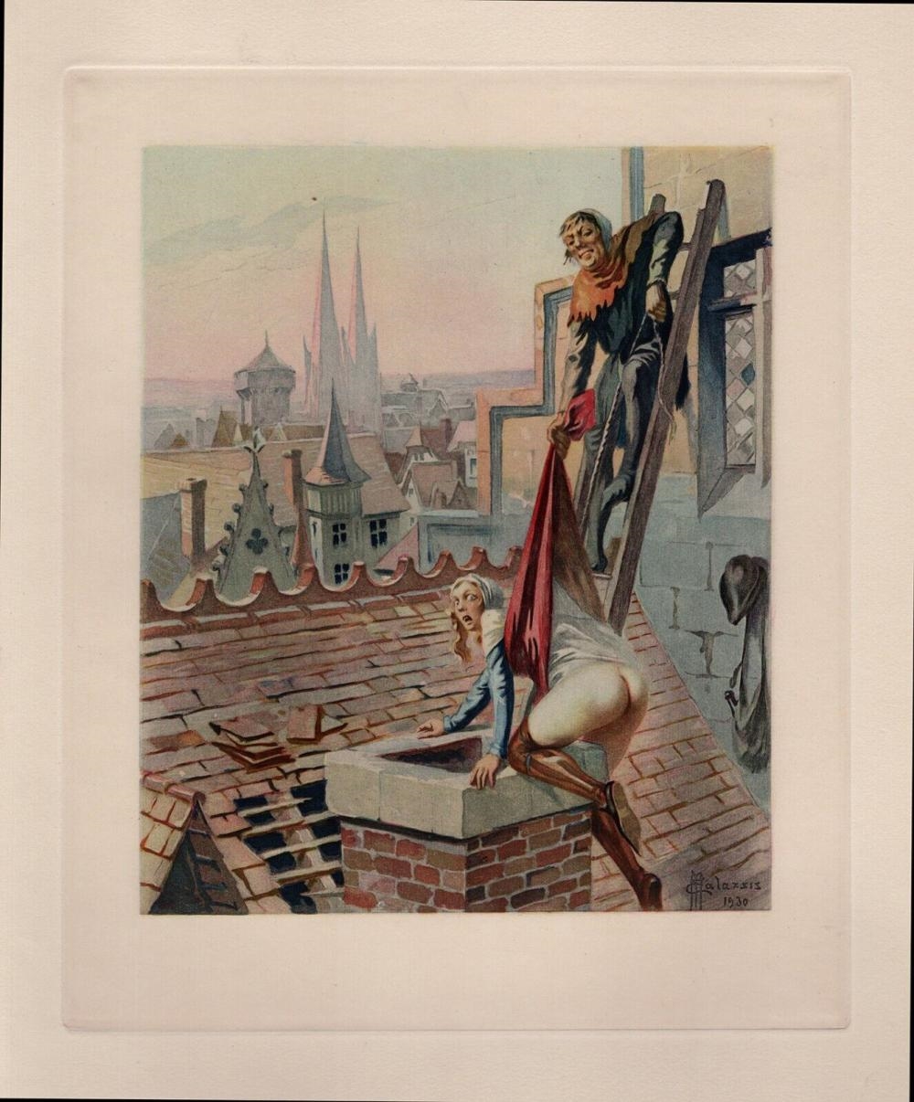 Artwork by Edmond Malassis, The Chimney Entrance (L'entrée de la Cheminée II, Made of Vintage Color Engraving On Velin Paper