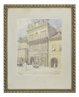 A watercolor painting of a building in a gold frame.