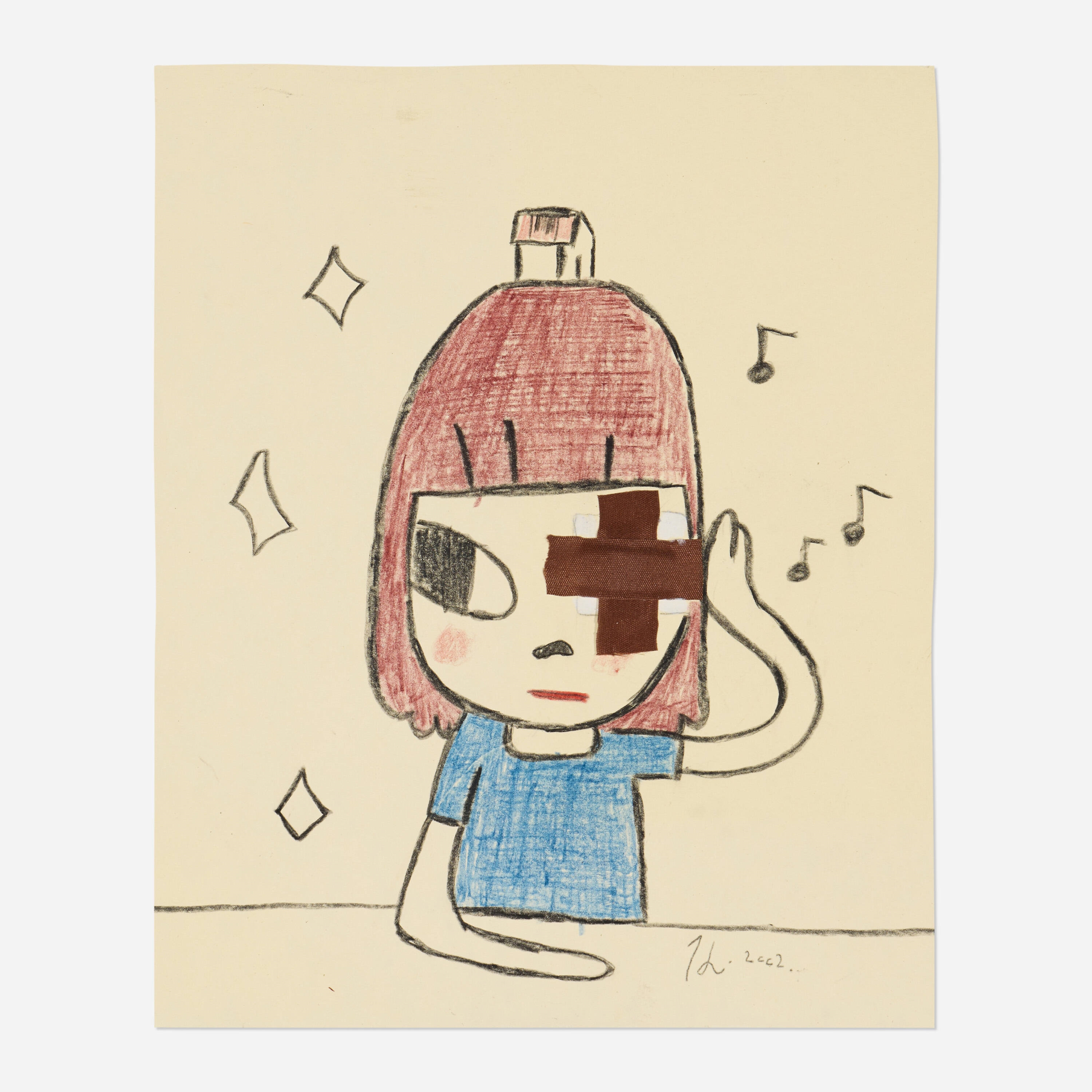 Artwork by Yoshitomo Nara, Untitled, Made of Pastel, Colored Pencil And Bandages On Paper