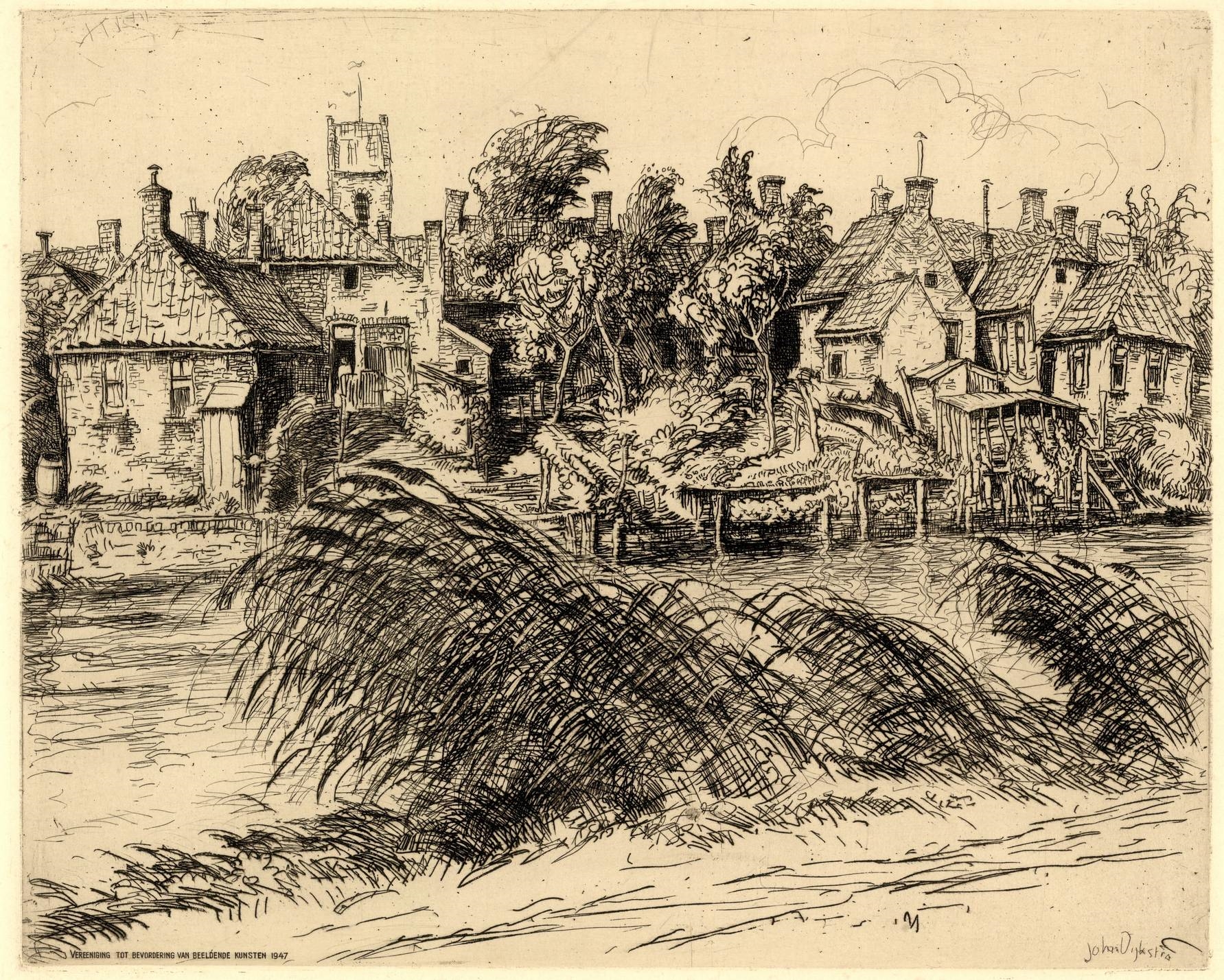 Artwork by Johan Dijkstra, Gezicht op Obergum vanaf Winsum, Made of Etching