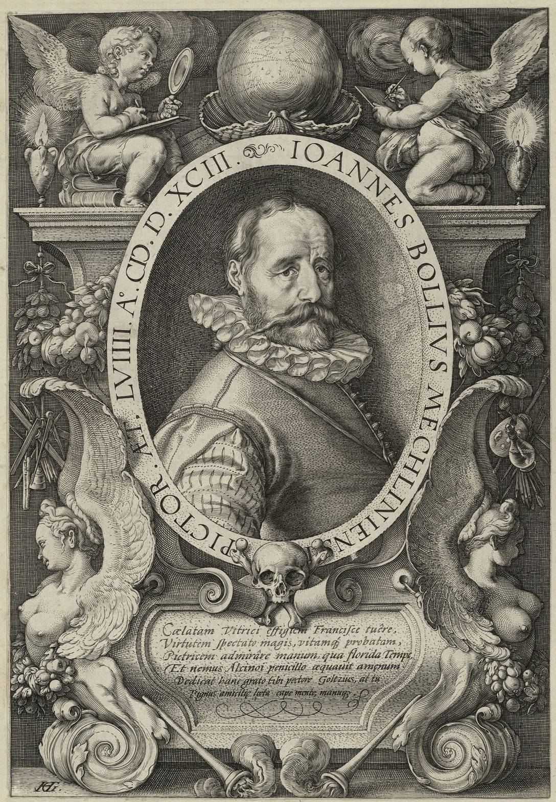 Artwork by Hendrick Goltzius, Engr. oval portrait surrounded by richly decorated border, Made of Engraving